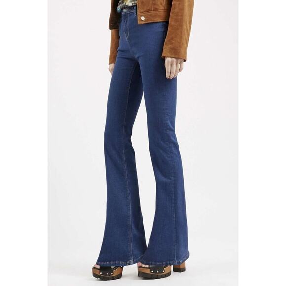 Topshop Moto Jamie Dark Wash Blue Flared Legs Mid Rise Jeans Retro Size W26 L36 - Picture 1 of 6
